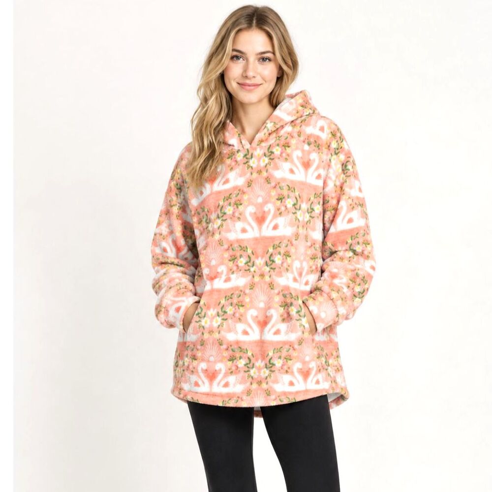 THROWZY Swan Love Birds Pink Fleece Blanket Hoodie Marlo Lorenz Pullover